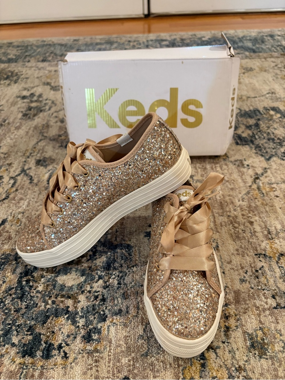 NEW Keds Gold Champagne Glitter Triple Up Celebration Sneakers Girls Size 3M